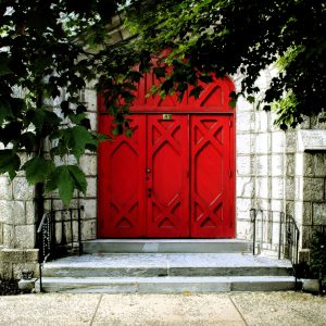 Red church doors of Lower Providence Presbyterian Church